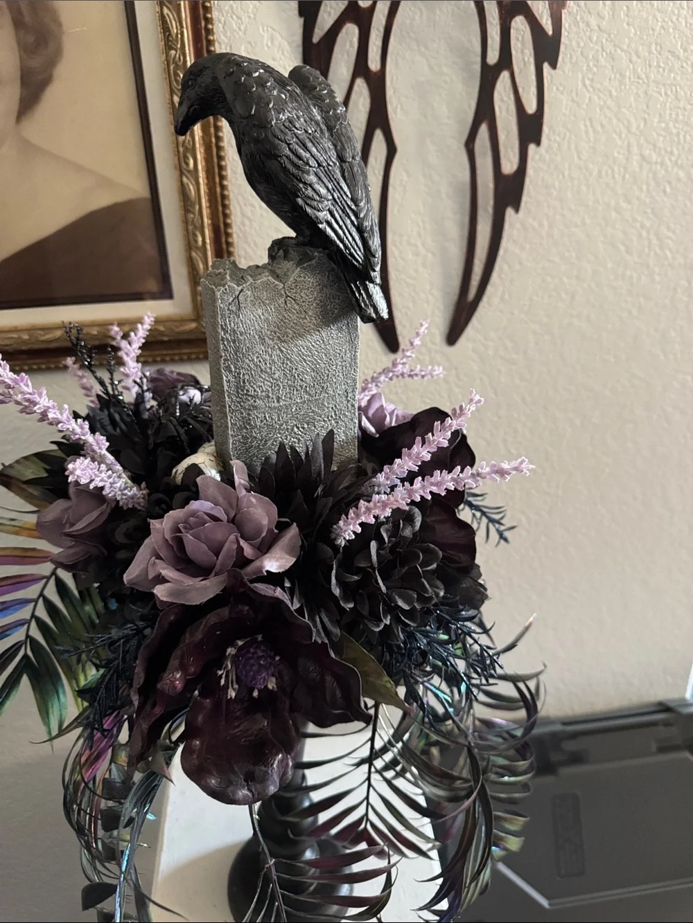 Gothic Raven Tombstone Faux Floral Arrangement - Black & Purple